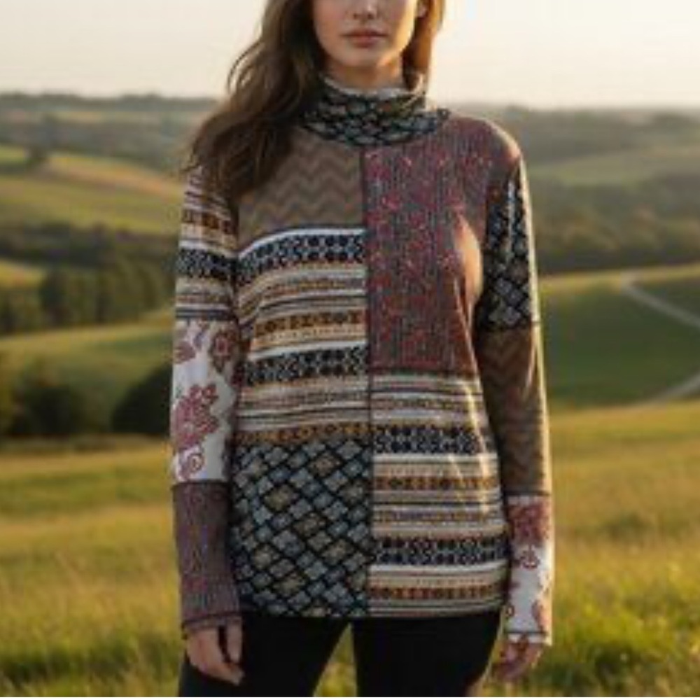 Sundance Patchwork Melody Top Bohemian Ls Cowl Neck Lightweight Knit Sz XL - Picture 2 of 14